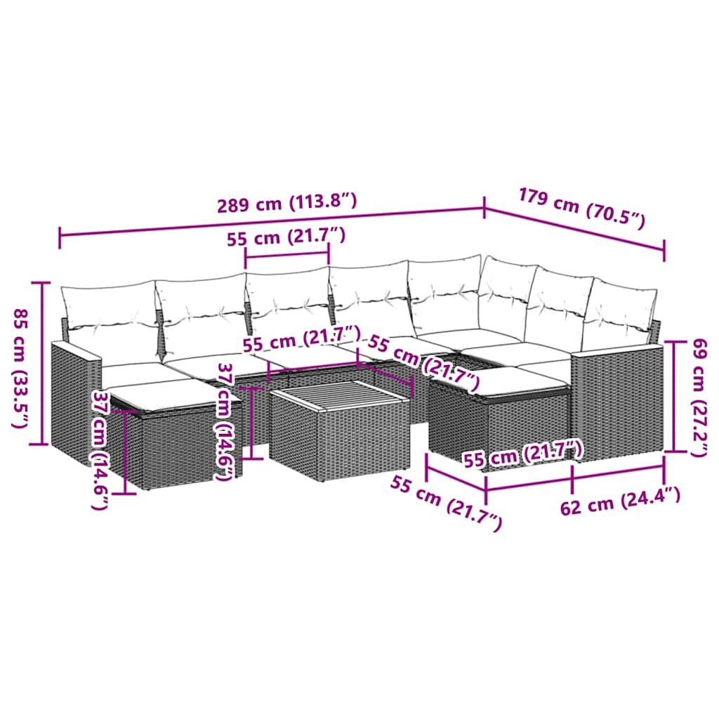 10 Pcs conjunto sofás de jardim c/ almofadões vime PE cinzento