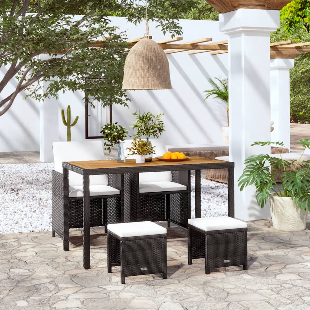 5 Pcs conjunto jantar p/ exterior vime e madeira acácia preto