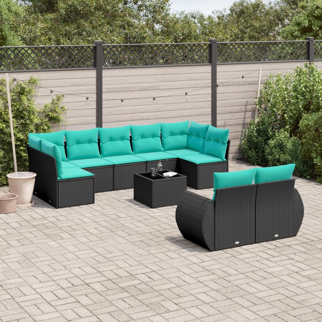 Conjunto de sofá de jardim com 10 peças e almofadas em rattan sintético preto