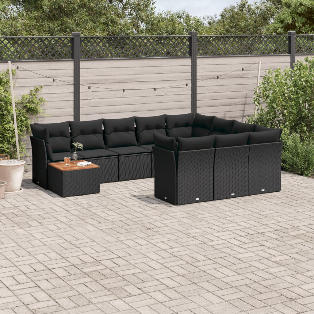 11 Pcs conjunto sofás de jardim c/ almofadões vime PE preto