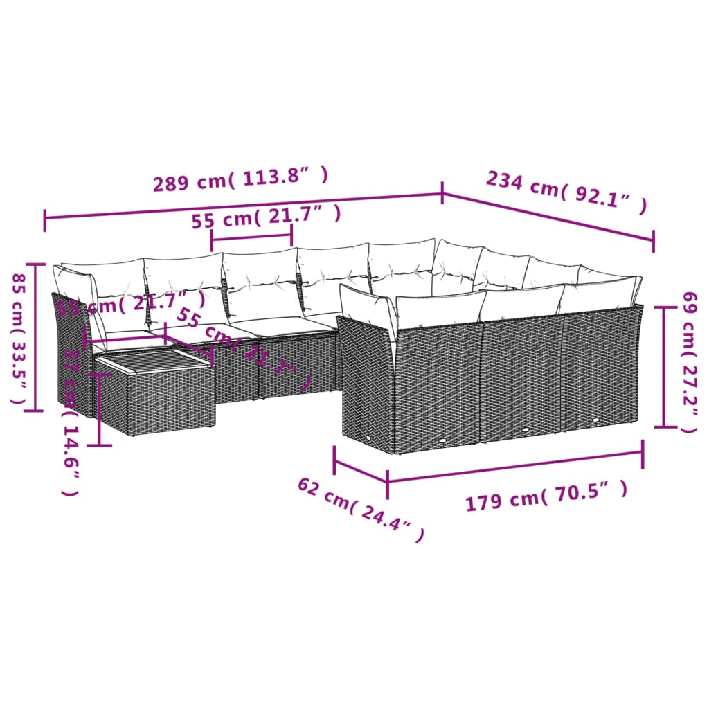 11 Pcs conjunto sofás de jardim c/ almofadões vime PE preto
