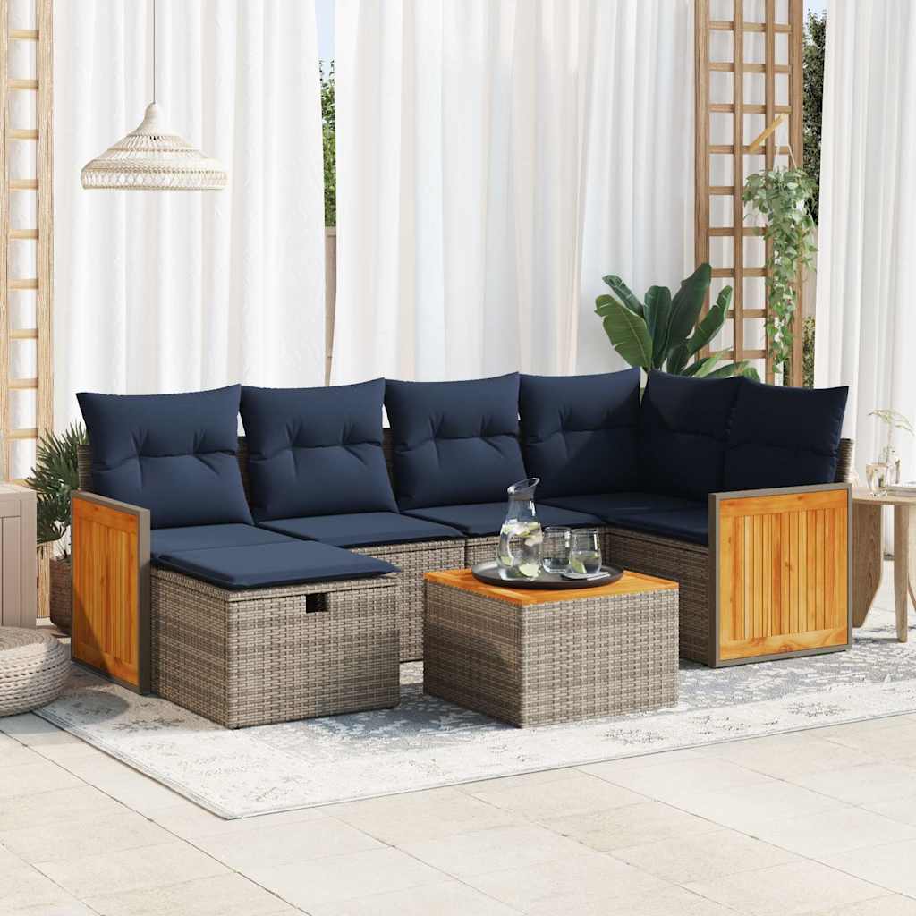 7 Pcs conjunto sofás p/ jardim c/ almofadões vime PE cinzento