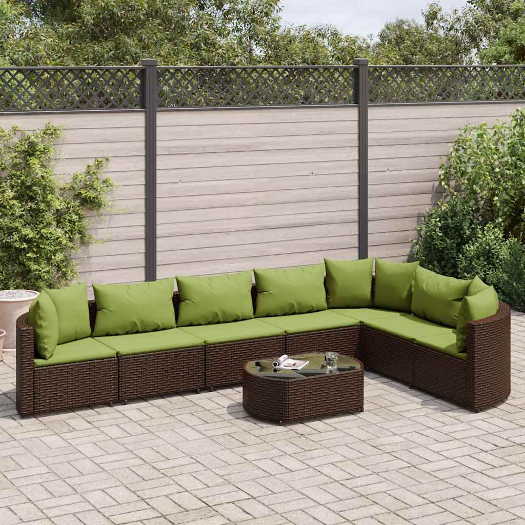 8 Pcs conjunto sofás de jardim c/ almofadões vime PE castanho
