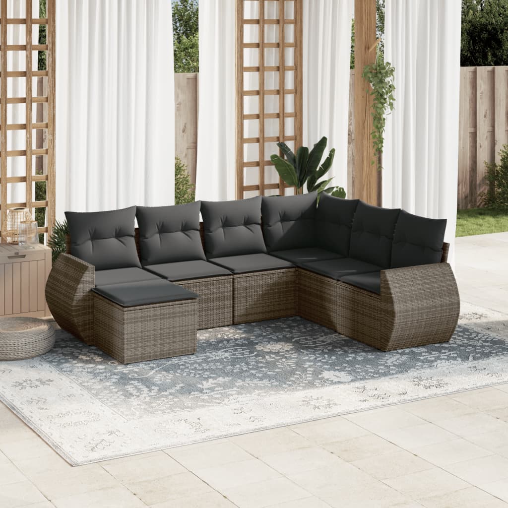 7 Pcs conjunto sofás p/ jardim c/ almofadões vime PE cinzento