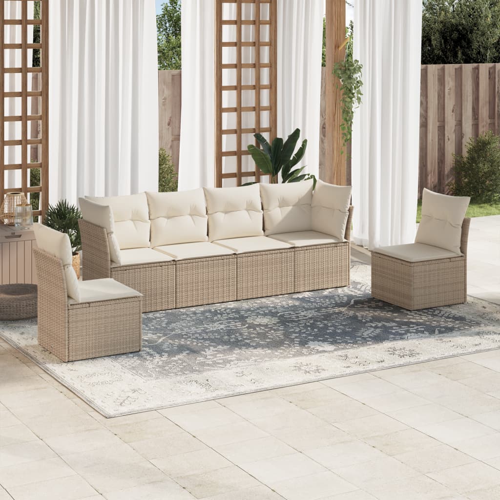 6 Pcs conjunto de sofás p/ jardim com almofadões vime PE bege