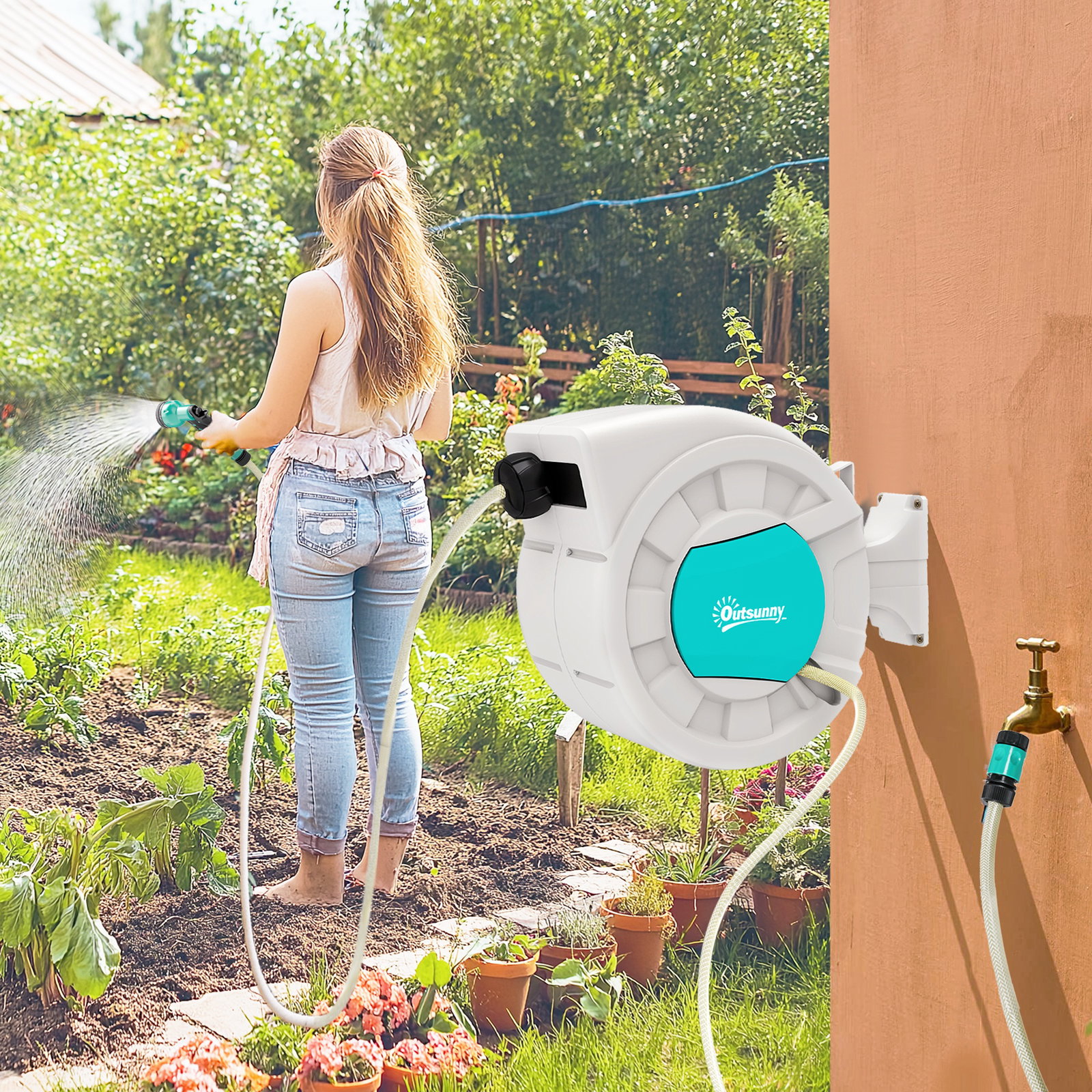 Carretel de mangueira para jardim 20+2 m com 7 bocais função de bloqueio retorno automático e giro de 180° cinza claro