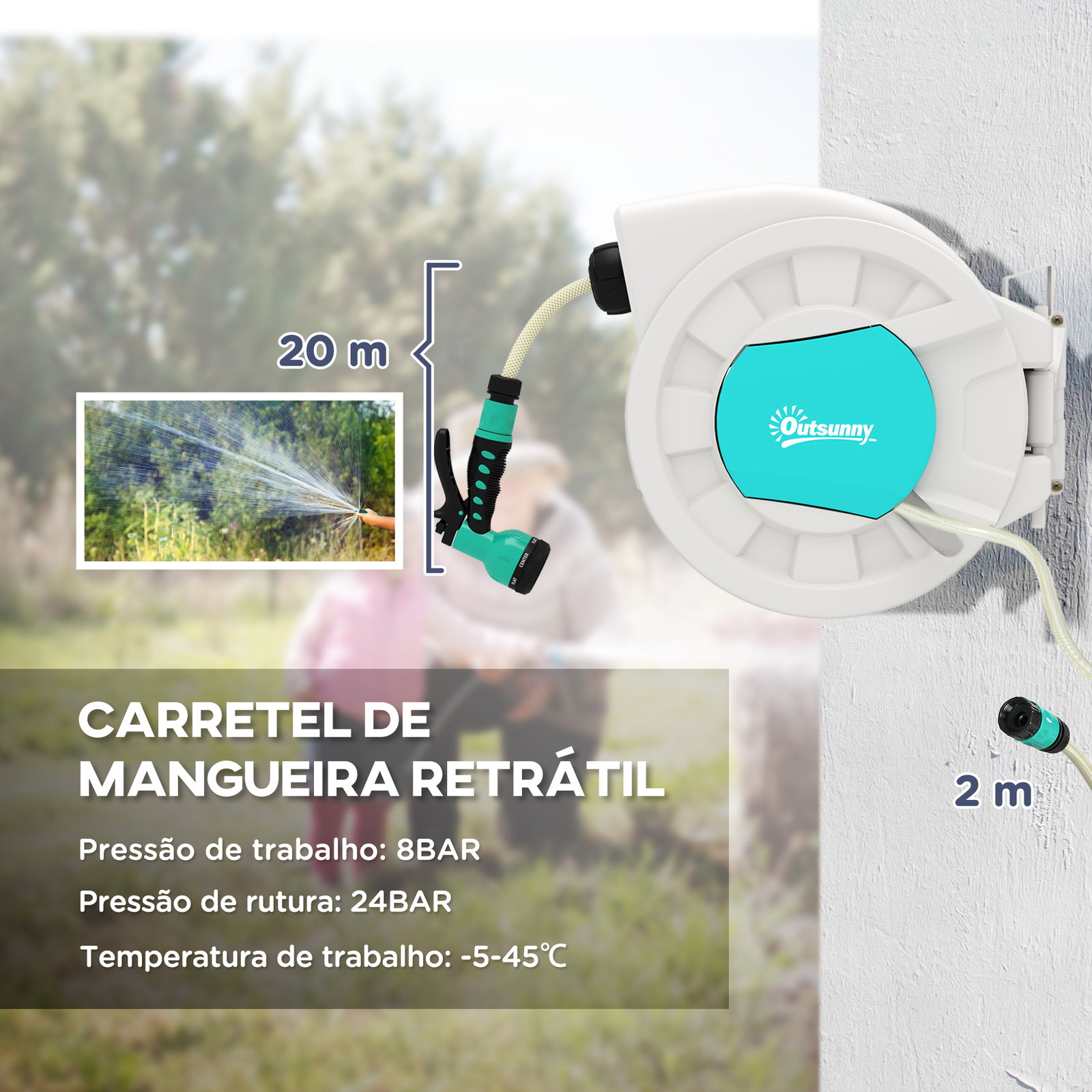 Carretel de mangueira para jardim 20+2 m com 7 bocais função de bloqueio retorno automático e giro de 180° cinza claro