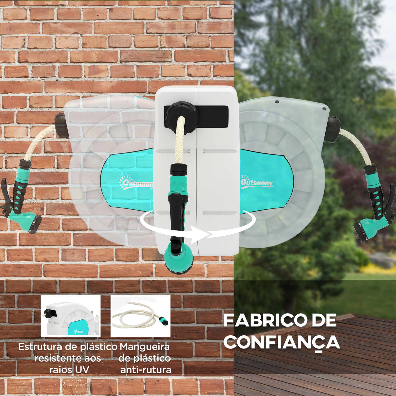 Carretel de mangueira para jardim 20+2 m com 7 bocais função de bloqueio retorno automático e giro de 180° cinza claro