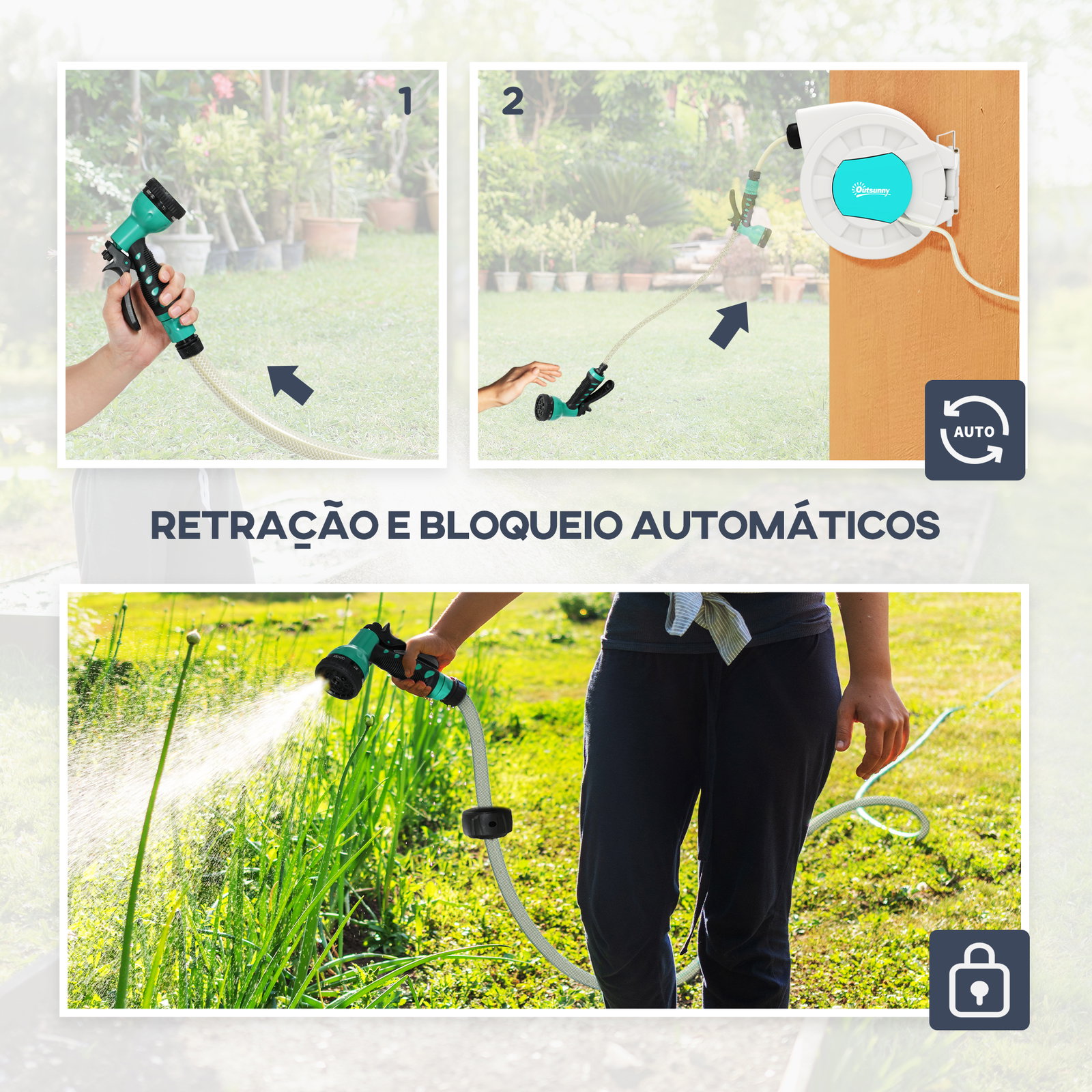 Carretel de mangueira para jardim 20+2 m com 7 bocais função de bloqueio retorno automático e giro de 180° cinza claro