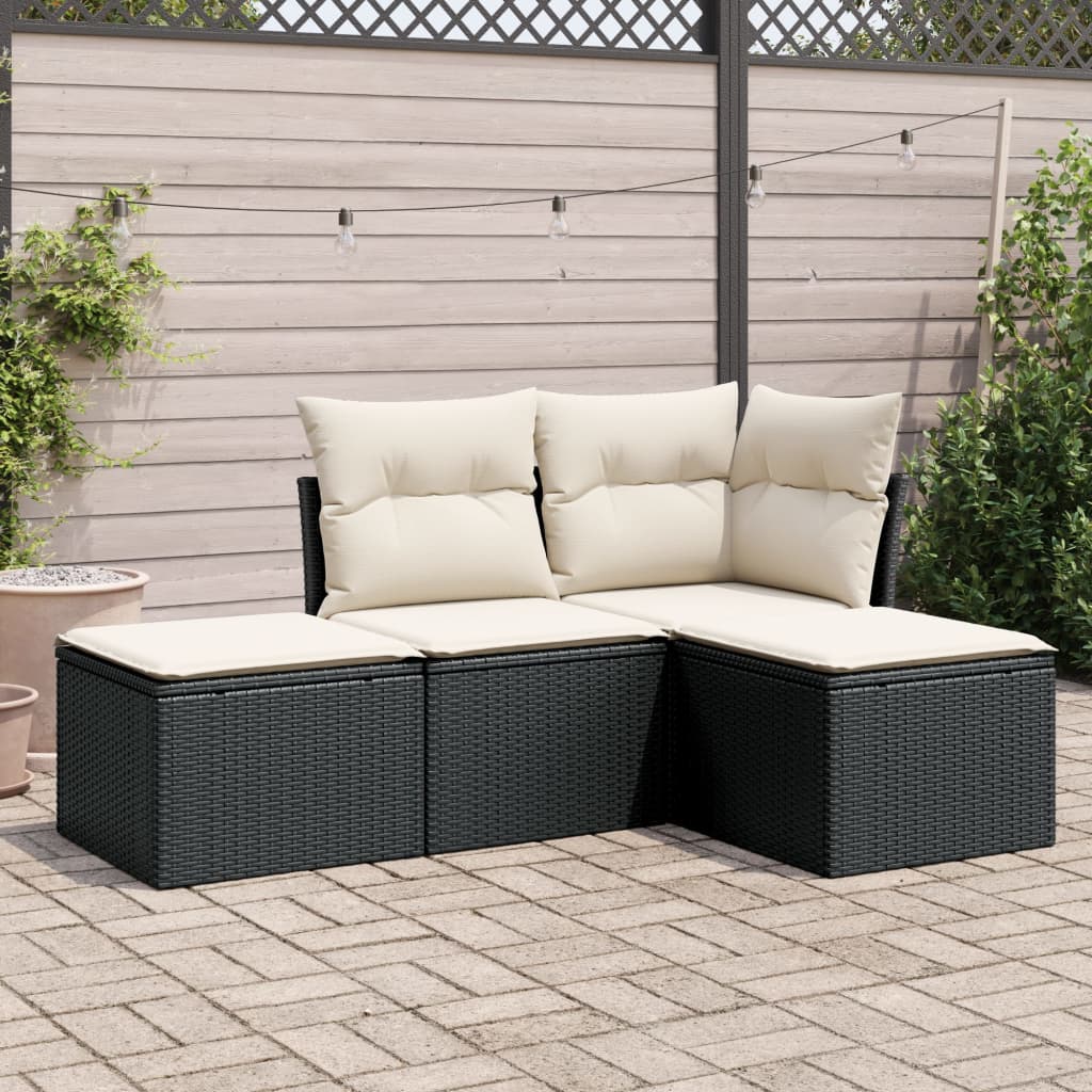 4 Pcs conjunto de sofás para jardim c/ almofadões vime PE preto