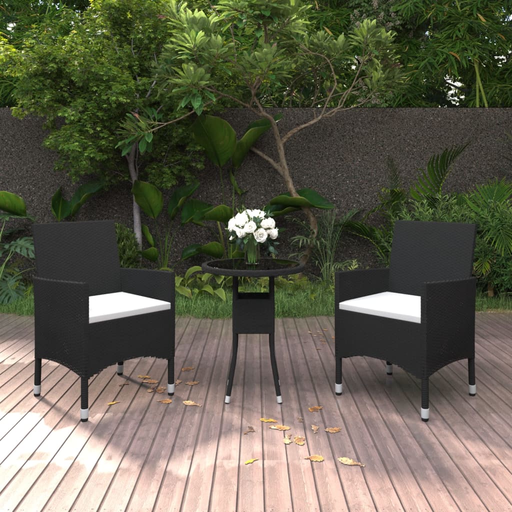3 Pcs conjunto de jantar para jardim vime PE preto