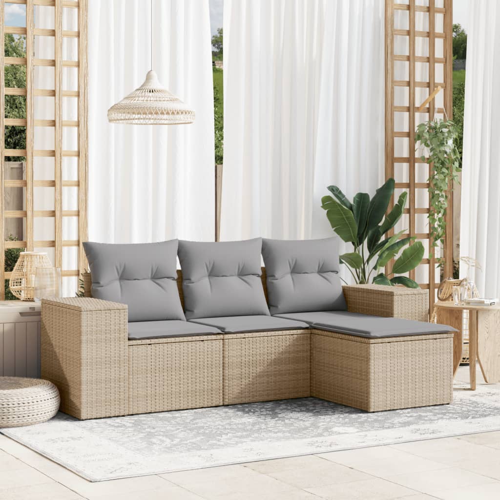 4 Pcs conjunto de sofás para jardim c/ almofadões vime PE bege