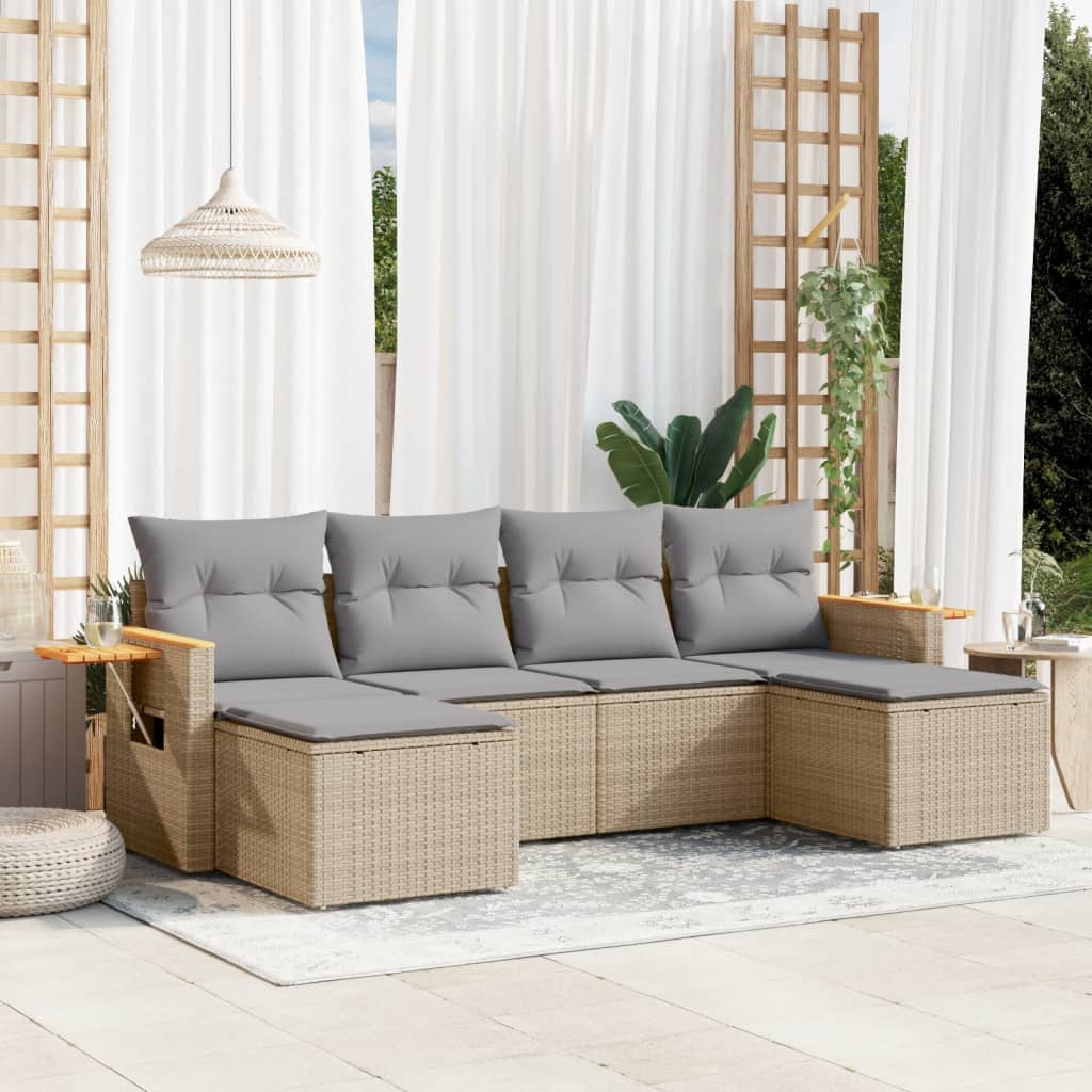 6 Pcs conjunto de sofás p/ jardim com almofadões vime PE bege