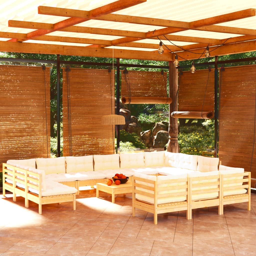 14 Pcs conjunto lounge de jardim c/ almofadões cor creme pinho