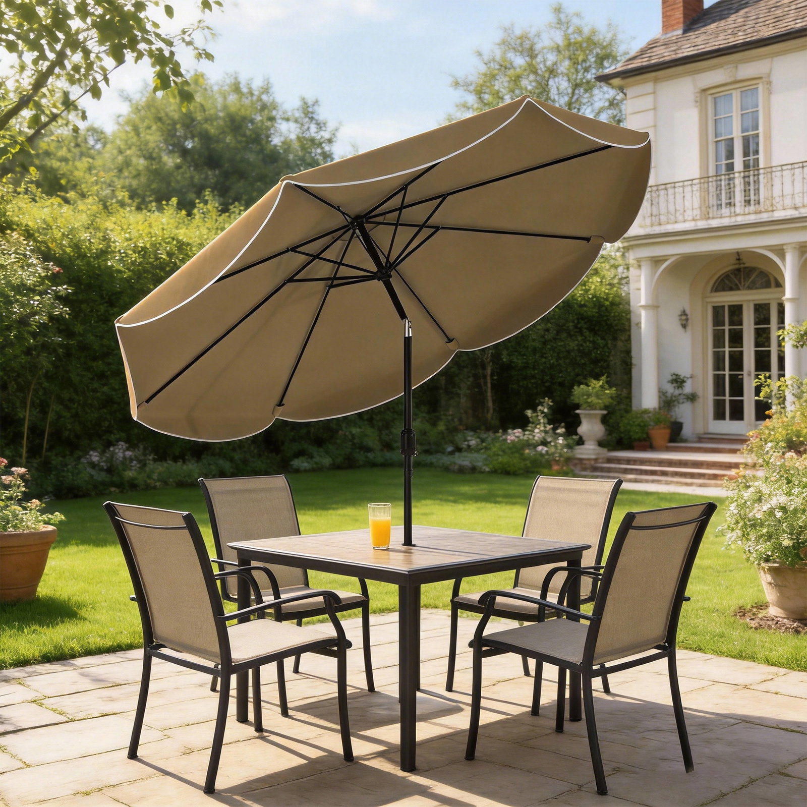 Chapéu de sol para jardim ø2,7 m com inclinação ajustável em 3 posições manivela e volante cáqui