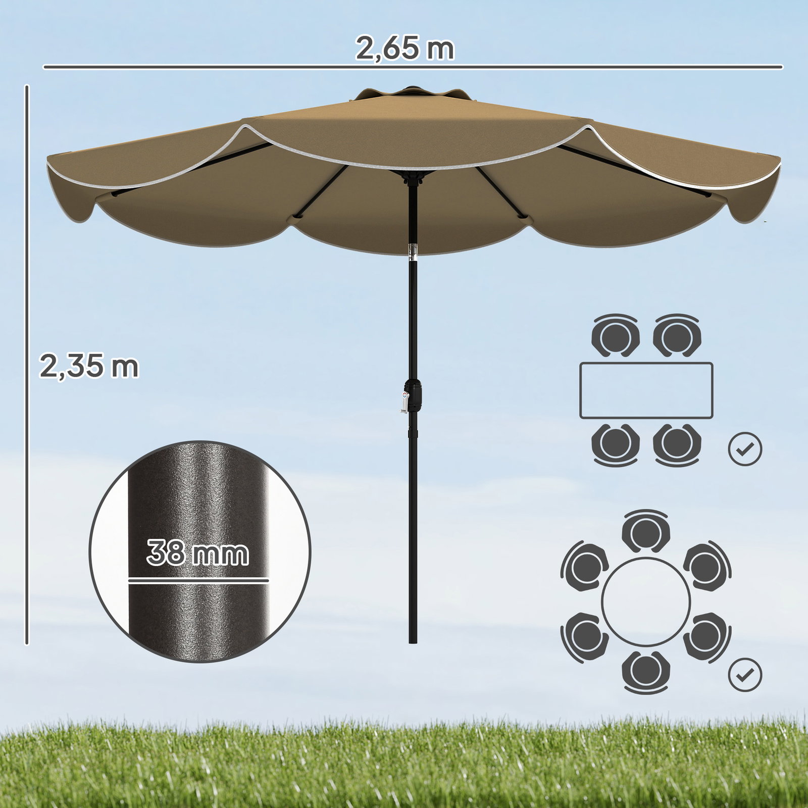 Chapéu de sol para jardim ø2,7 m com inclinação ajustável em 3 posições manivela e volante cáqui