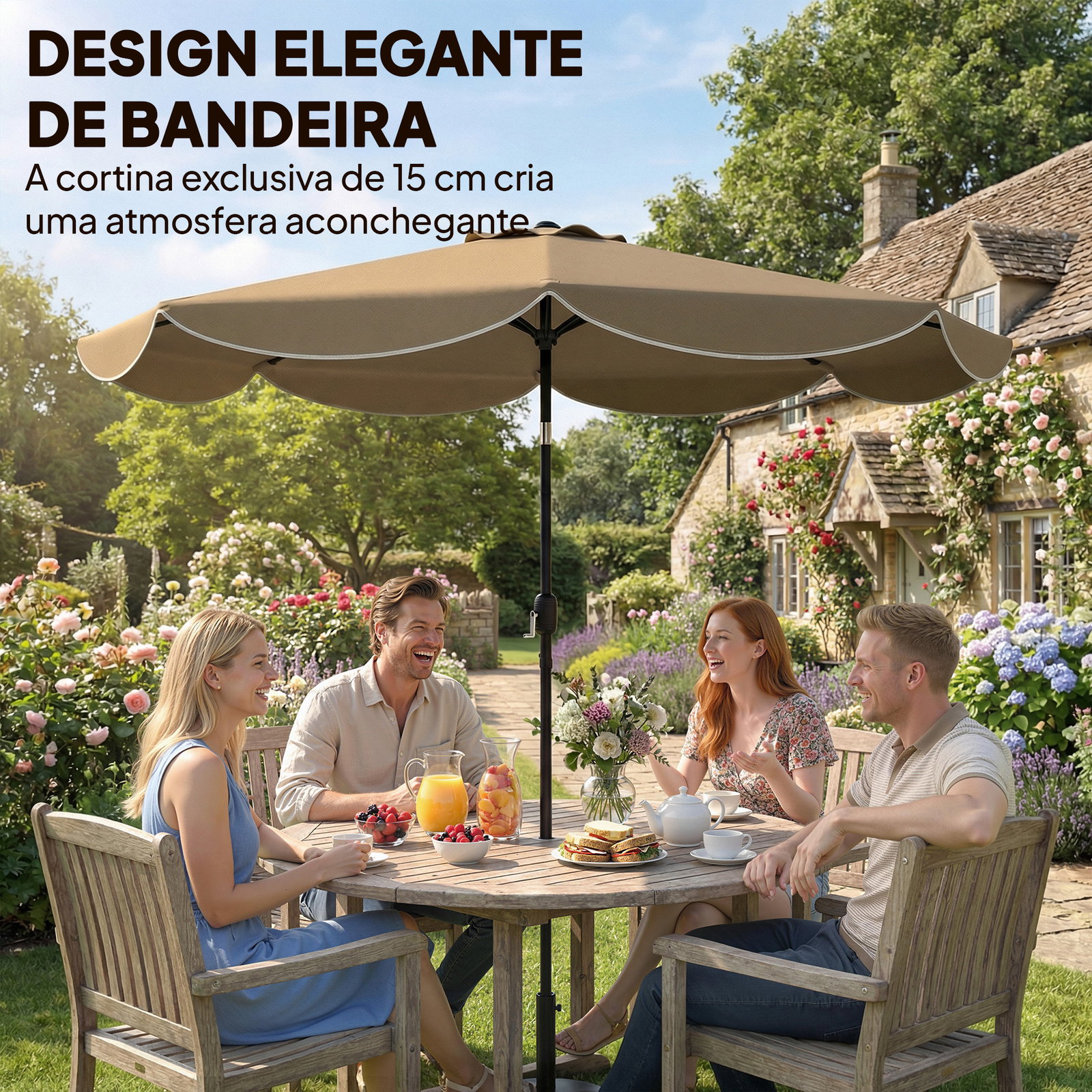 Chapéu de sol para jardim ø2,7 m com inclinação ajustável em 3 posições manivela e volante cáqui