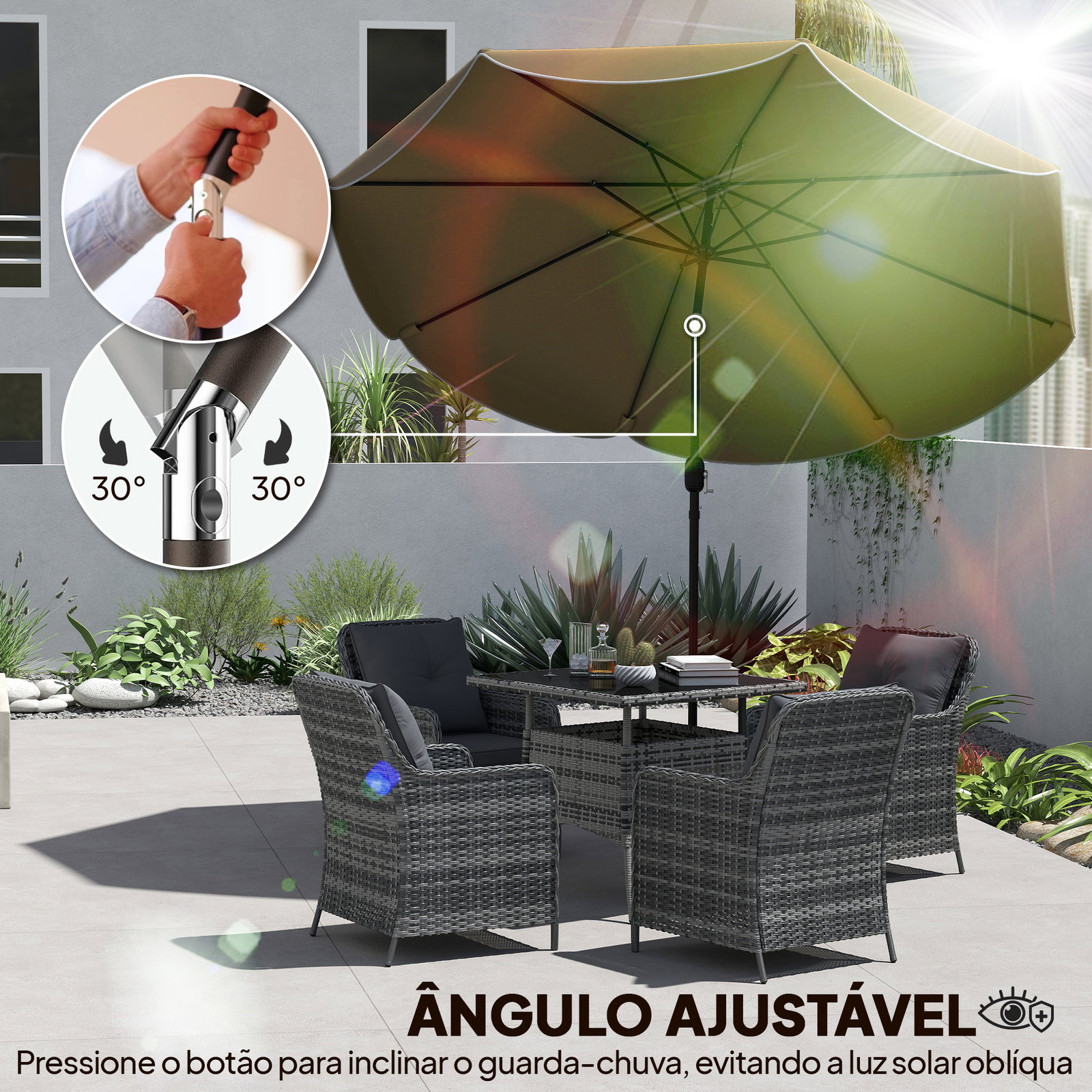 Chapéu de sol para jardim ø2,7 m com inclinação ajustável em 3 posições manivela e volante cáqui