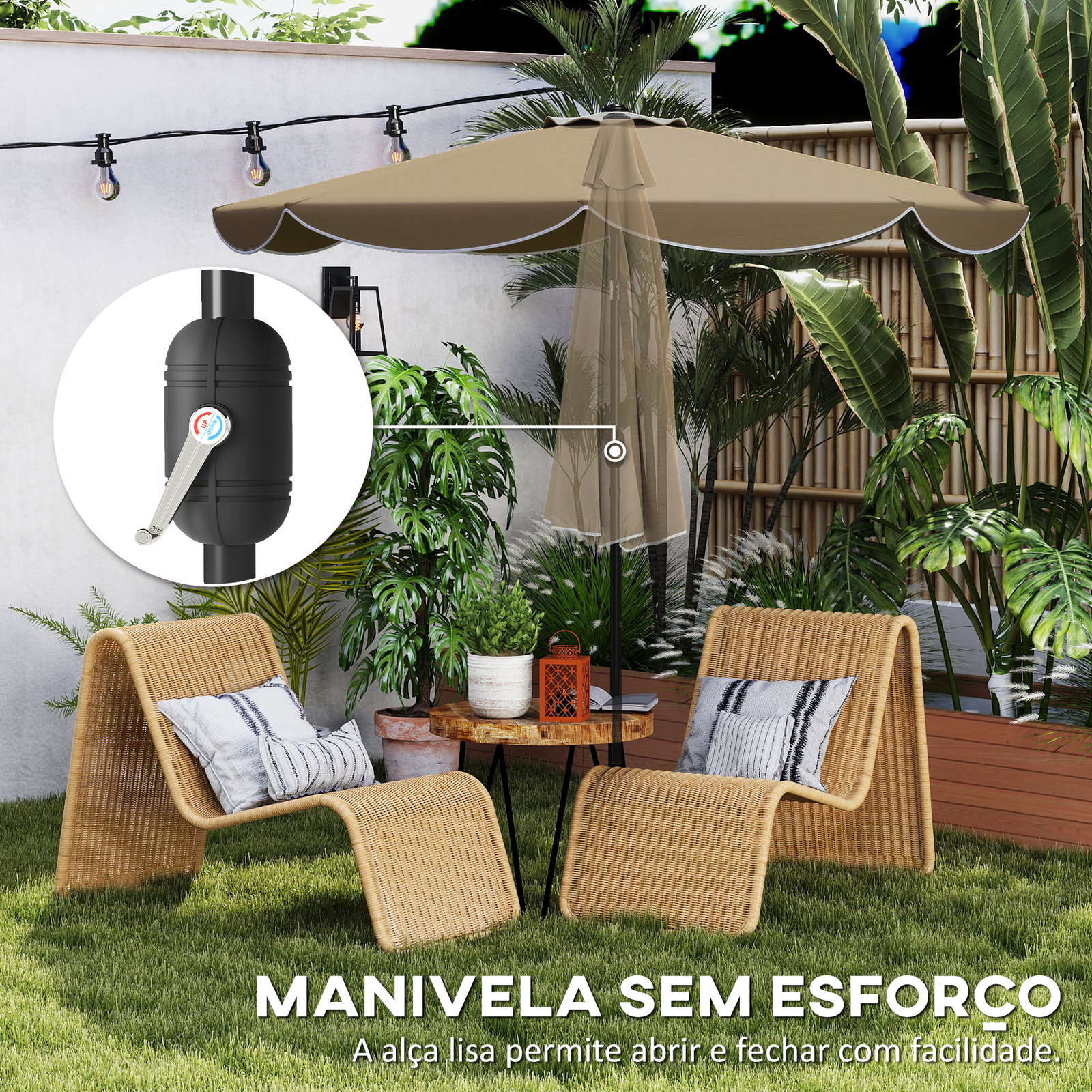 Chapéu de sol para jardim ø2,7 m com inclinação ajustável em 3 posições manivela e volante cáqui