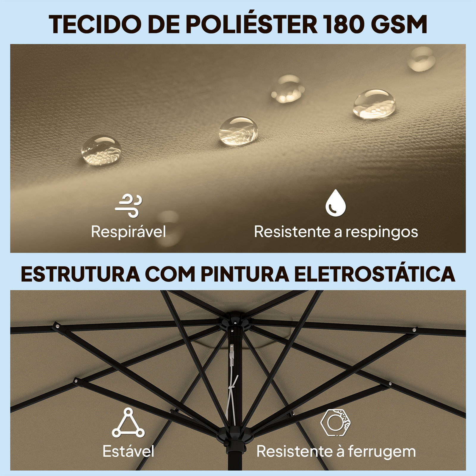 Chapéu de sol para jardim ø2,7 m com inclinação ajustável em 3 posições manivela e volante cáqui
