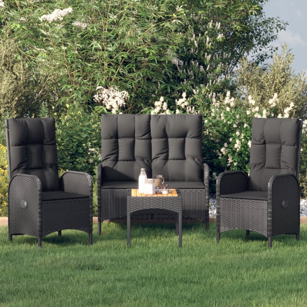 4 Pcs conjunto de jardim p/ jardim c/ almofadões vime PE preto
