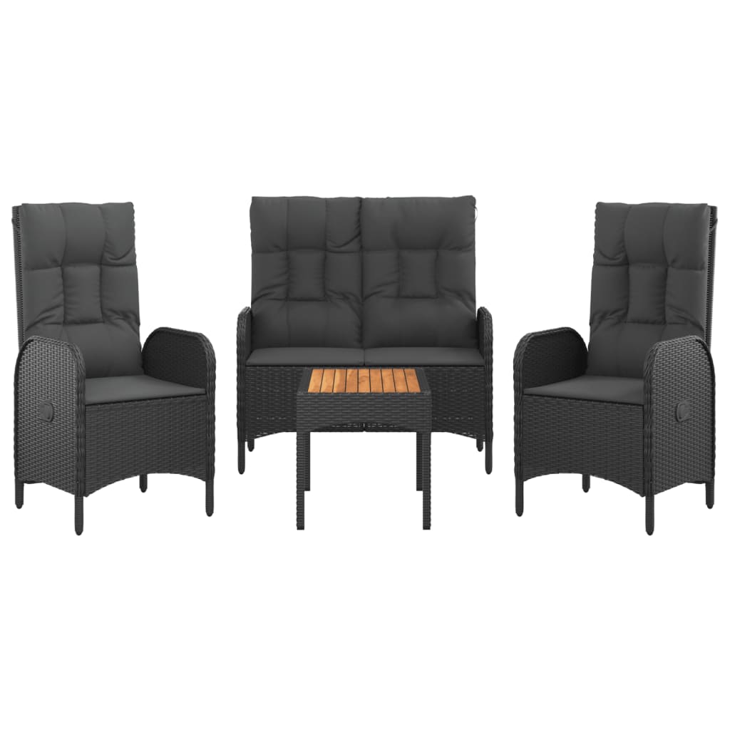 4 Pcs conjunto de jardim p/ jardim c/ almofadões vime PE preto