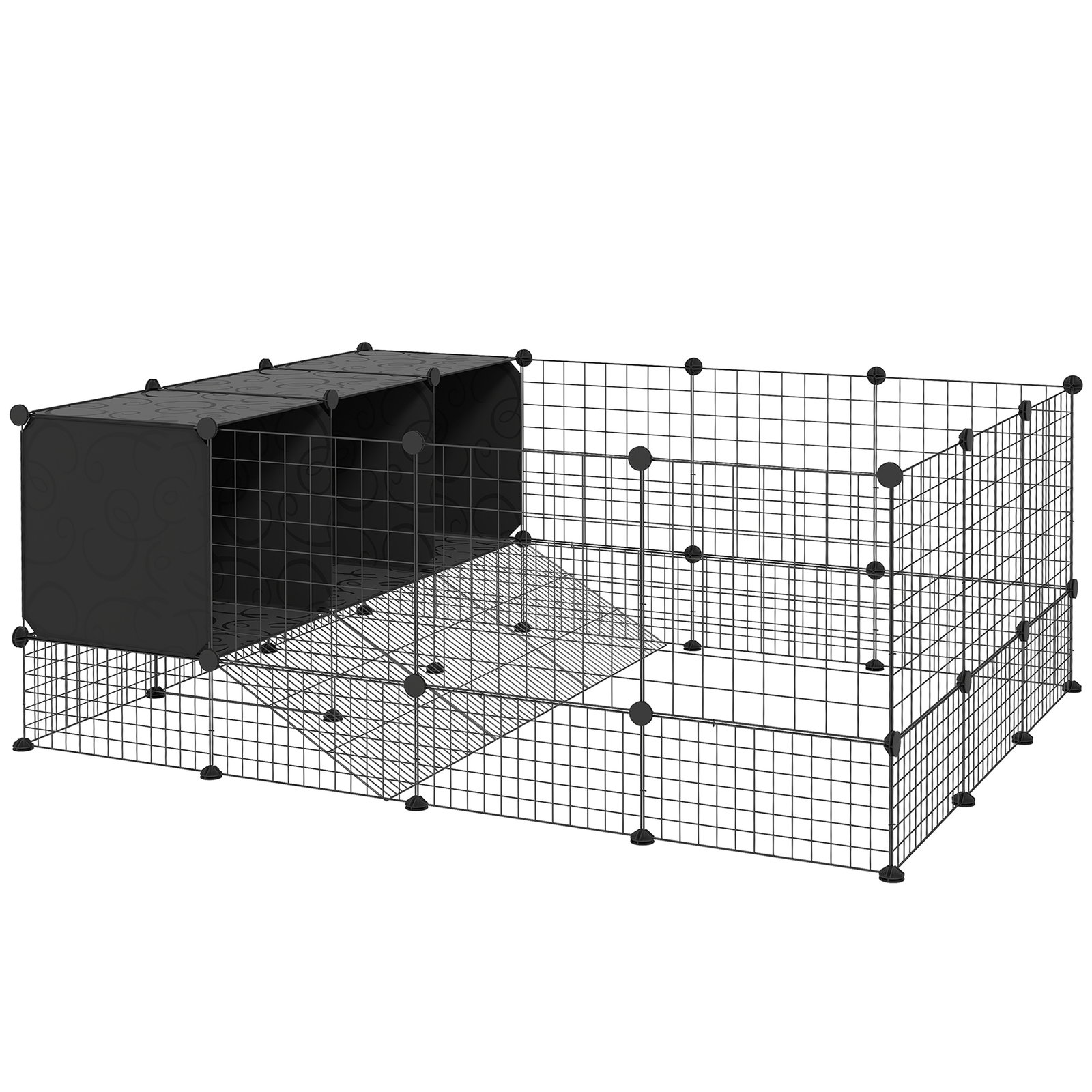 Recinto para pequenos animais modular parque para coelhos com 39 painéis 3 abrigos para cobaias e coelhos-da-índia preto