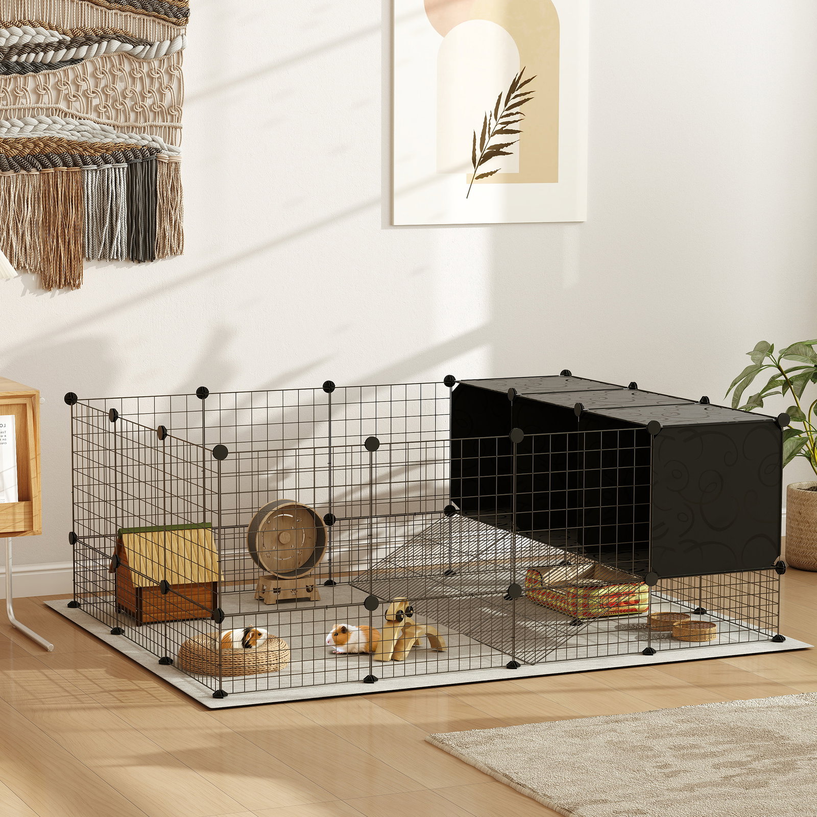 Recinto para pequenos animais modular parque para coelhos com 39 painéis 3 abrigos para cobaias e coelhos-da-índia preto
