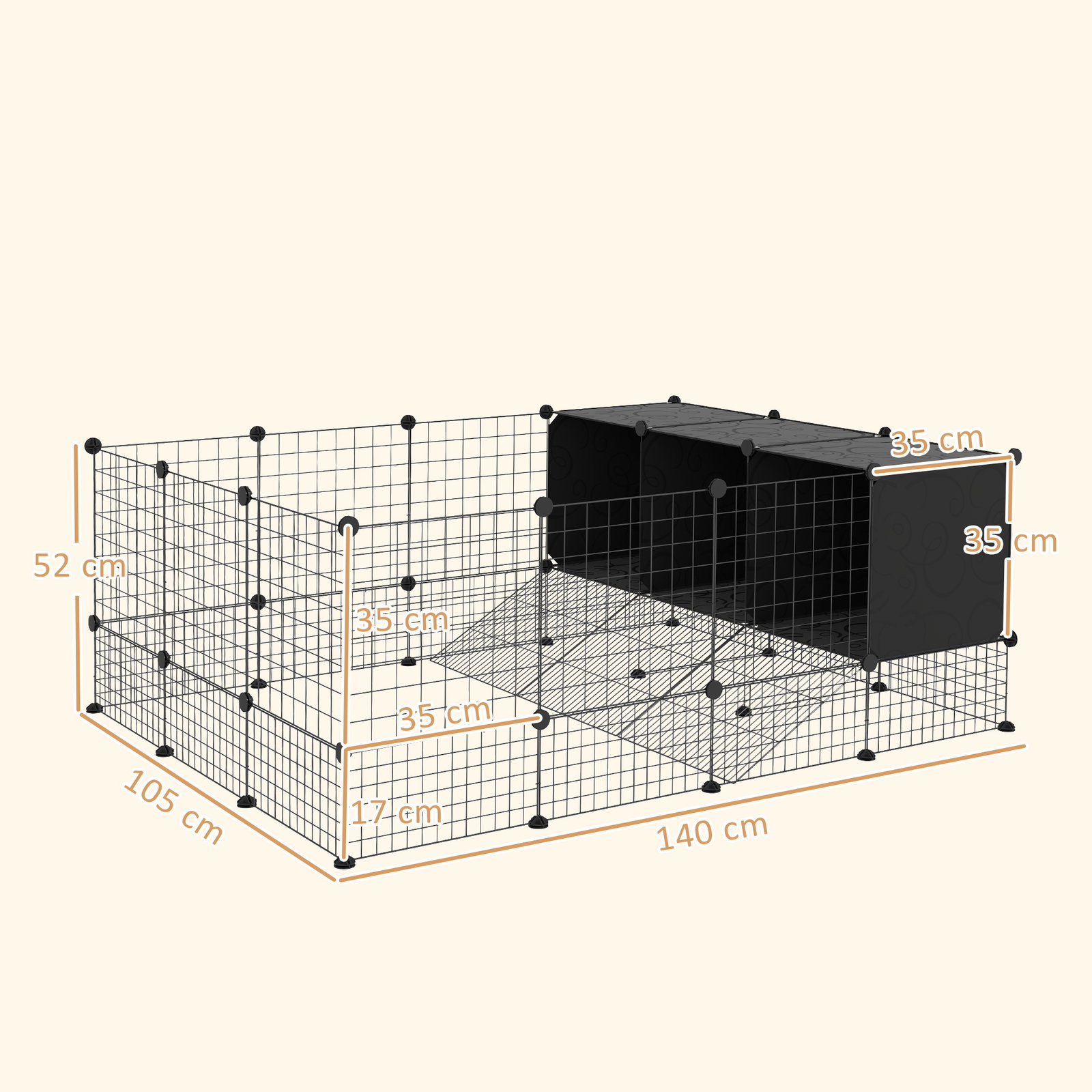 Recinto para pequenos animais modular parque para coelhos com 39 painéis 3 abrigos para cobaias e coelhos-da-índia preto