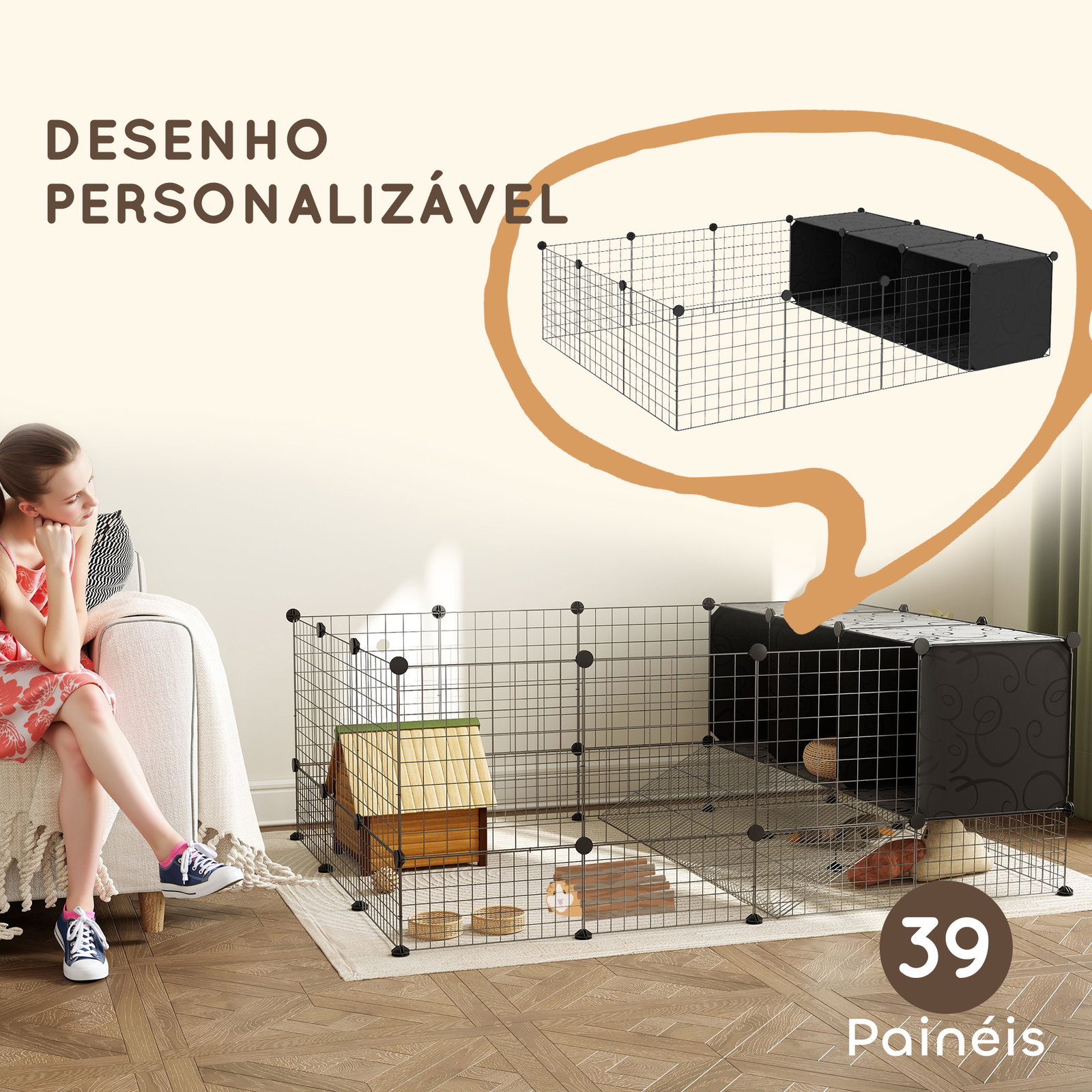 Recinto para pequenos animais modular parque para coelhos com 39 painéis 3 abrigos para cobaias e coelhos-da-índia preto