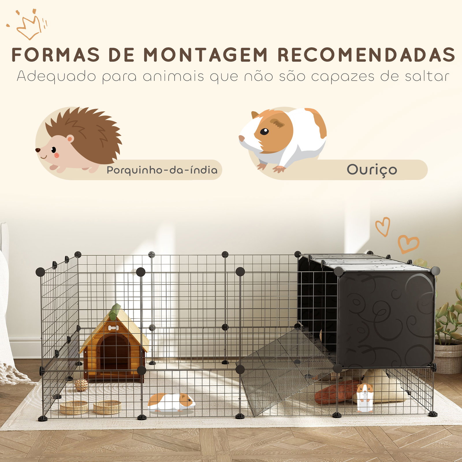 Recinto para pequenos animais modular parque para coelhos com 39 painéis 3 abrigos para cobaias e coelhos-da-índia preto