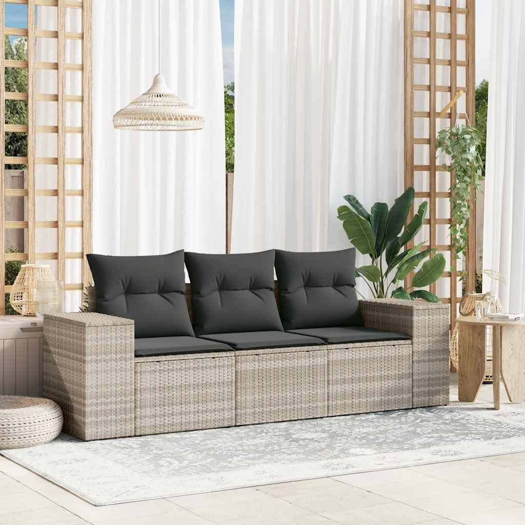 3 Pcs conj. sofás jardim c/ almofadões vime PE cinzento-claro