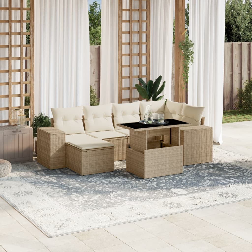 7 Pcs conjunto de sofás p/ jardim com almofadões vime PE bege
