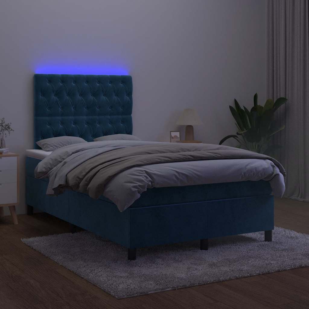 Cama box spring colchão LED 120x190cm couro artif. azul-escuro