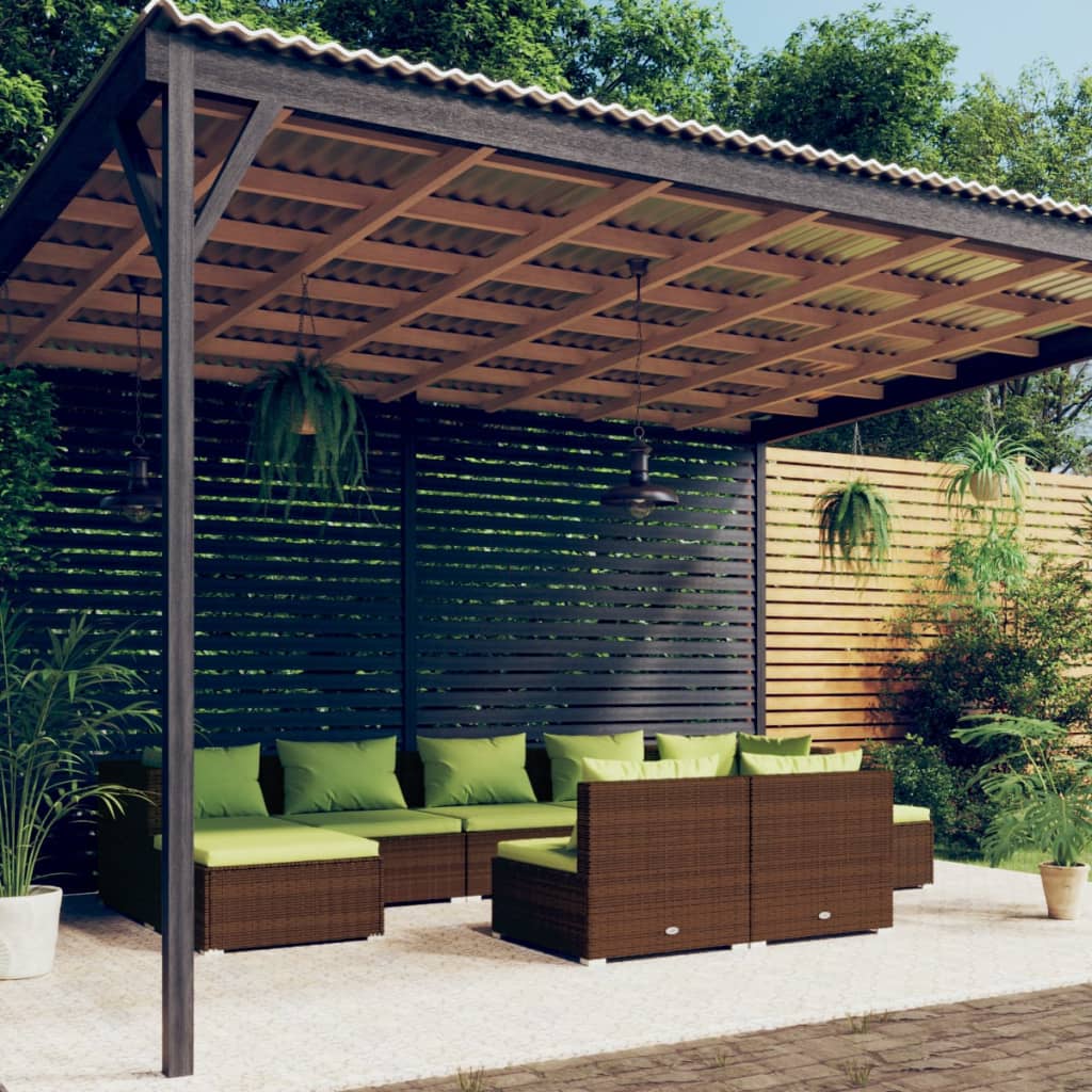 9 Pcs conjunto lounge jardim c/ almofadões vime PE castanho