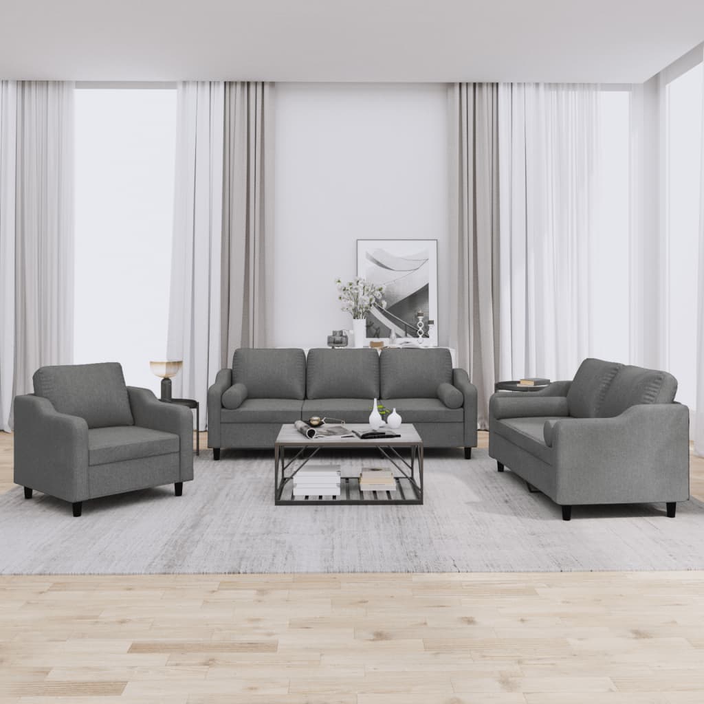 3 Pcs conjunto de sofás com almofadas tecido cinzento-escuro