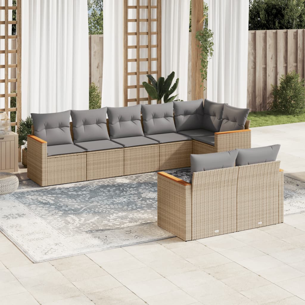 8 Pcs conjunto de sofás p/ jardim com almofadões vime PE bege