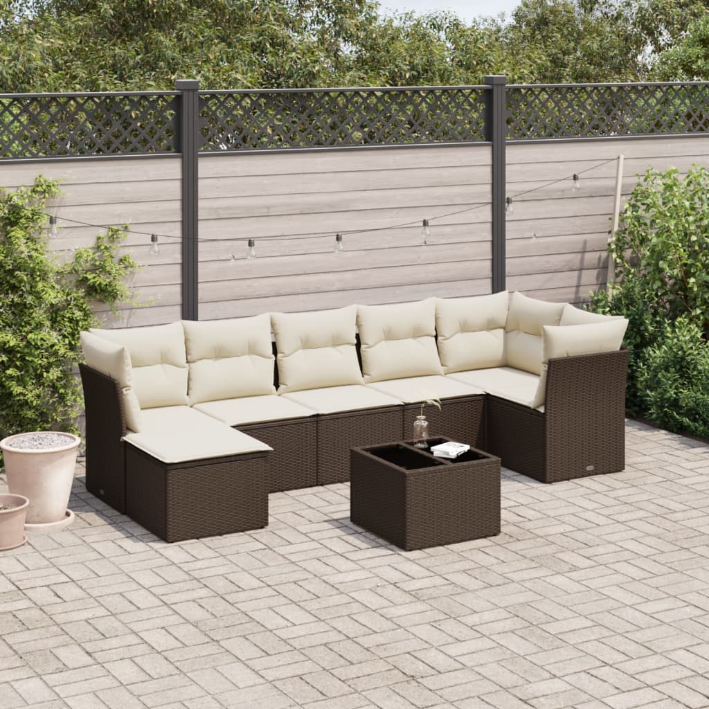 8 Pcs conjunto sofás de jardim c/ almofadões vime PE castanho