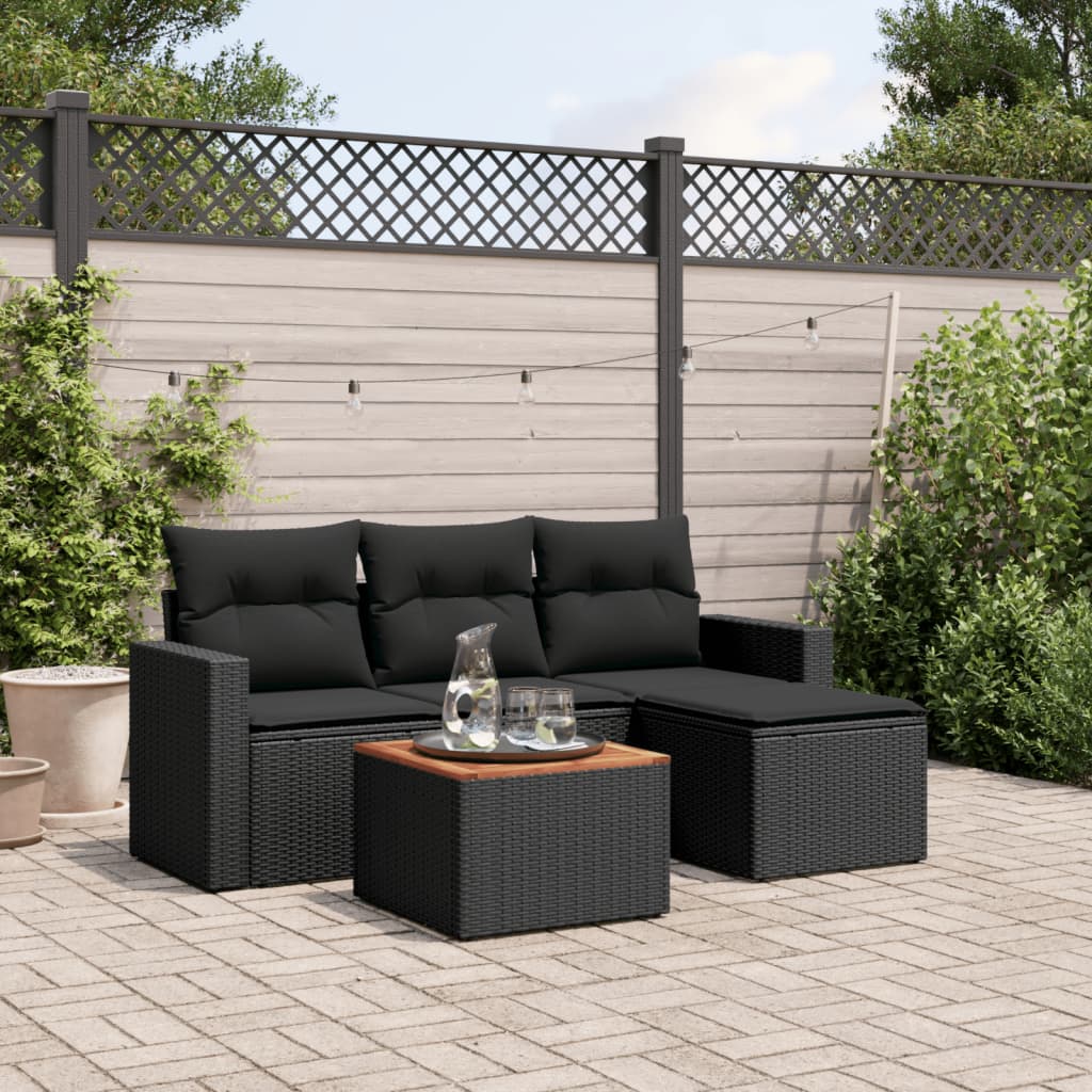 5 Pcs conjunto sofás de jardim com almofadões vime PE preto