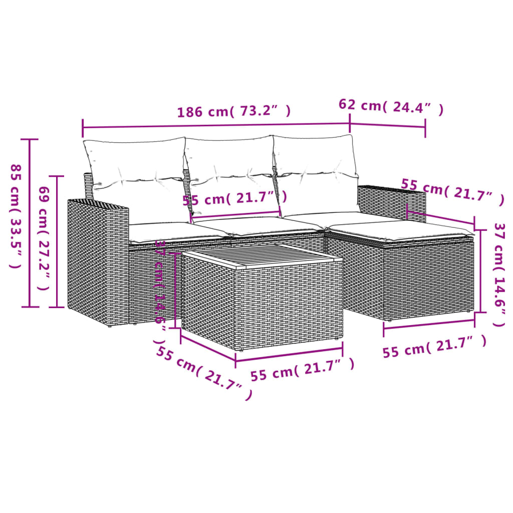 5 Pcs conjunto sofás de jardim com almofadões vime PE preto