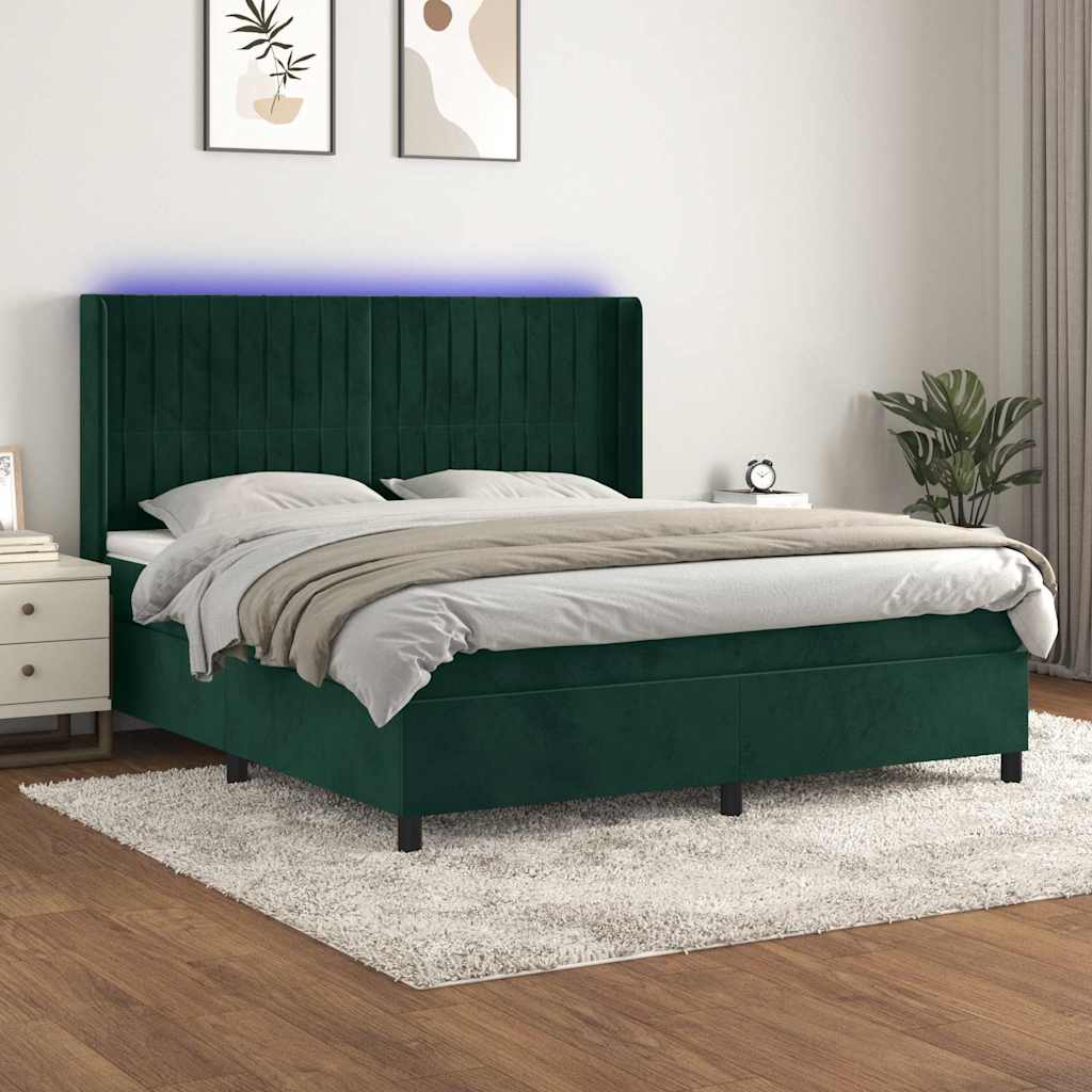 Cama box spring c/ colchão/LED 180x200 cm veludo verde-escuro