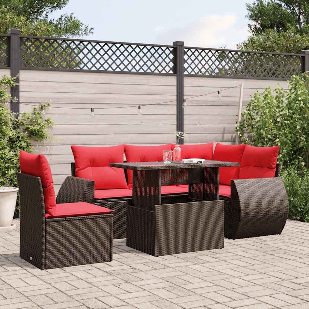 Conjunto de sofá de jardim com 6 peças e almofadas em rattan sintético marrom