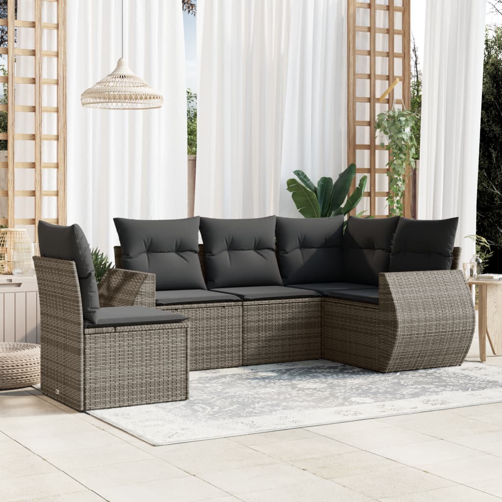 5 Pcs conjunto sofás de jardim c/ almofadões vime PE cinzento