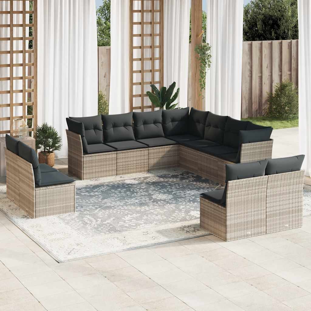 11 Pcs conjunto sofás de jardim c/ almofadões vime PE cinzento