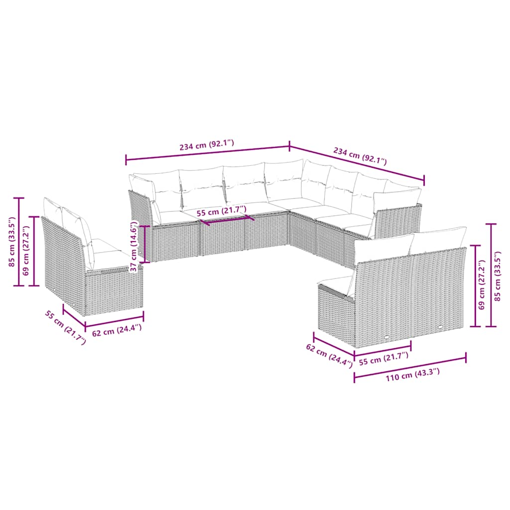 11 Pcs conjunto sofás de jardim c/ almofadões vime PE cinzento