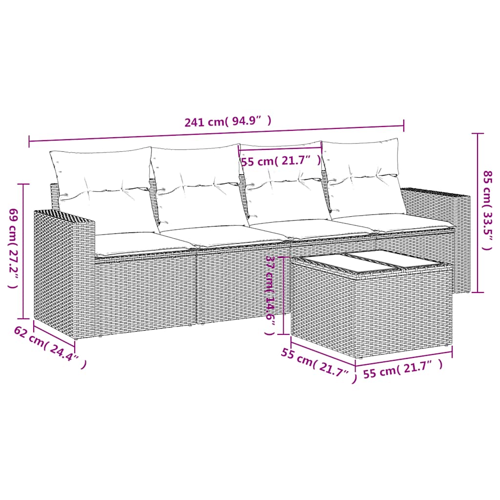 5 Pcs conj. sofás jardim c/ almofadões vime PE cinzento-claro