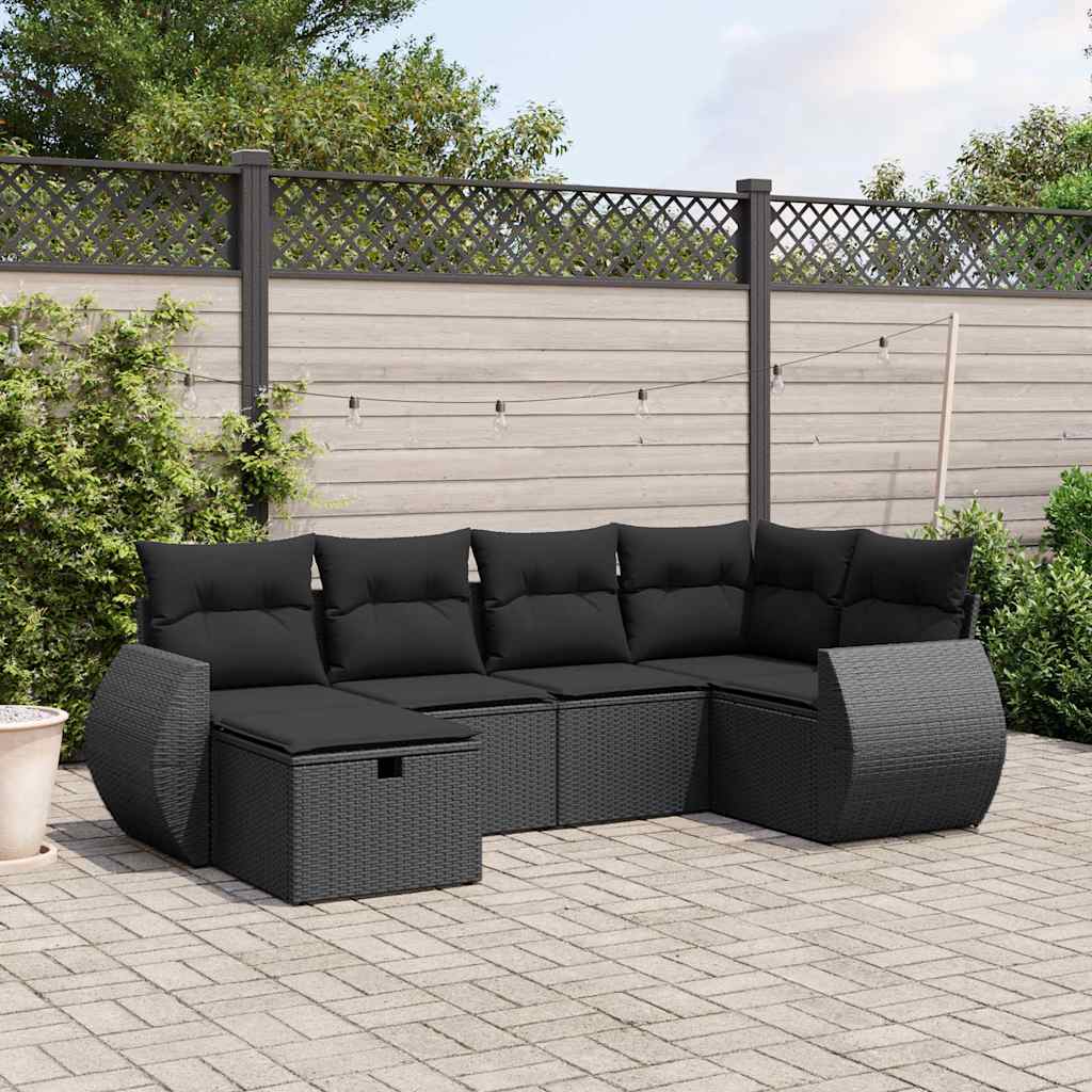 6 Pcs conjunto sofás de jardim c/ almofadões vime PE preto