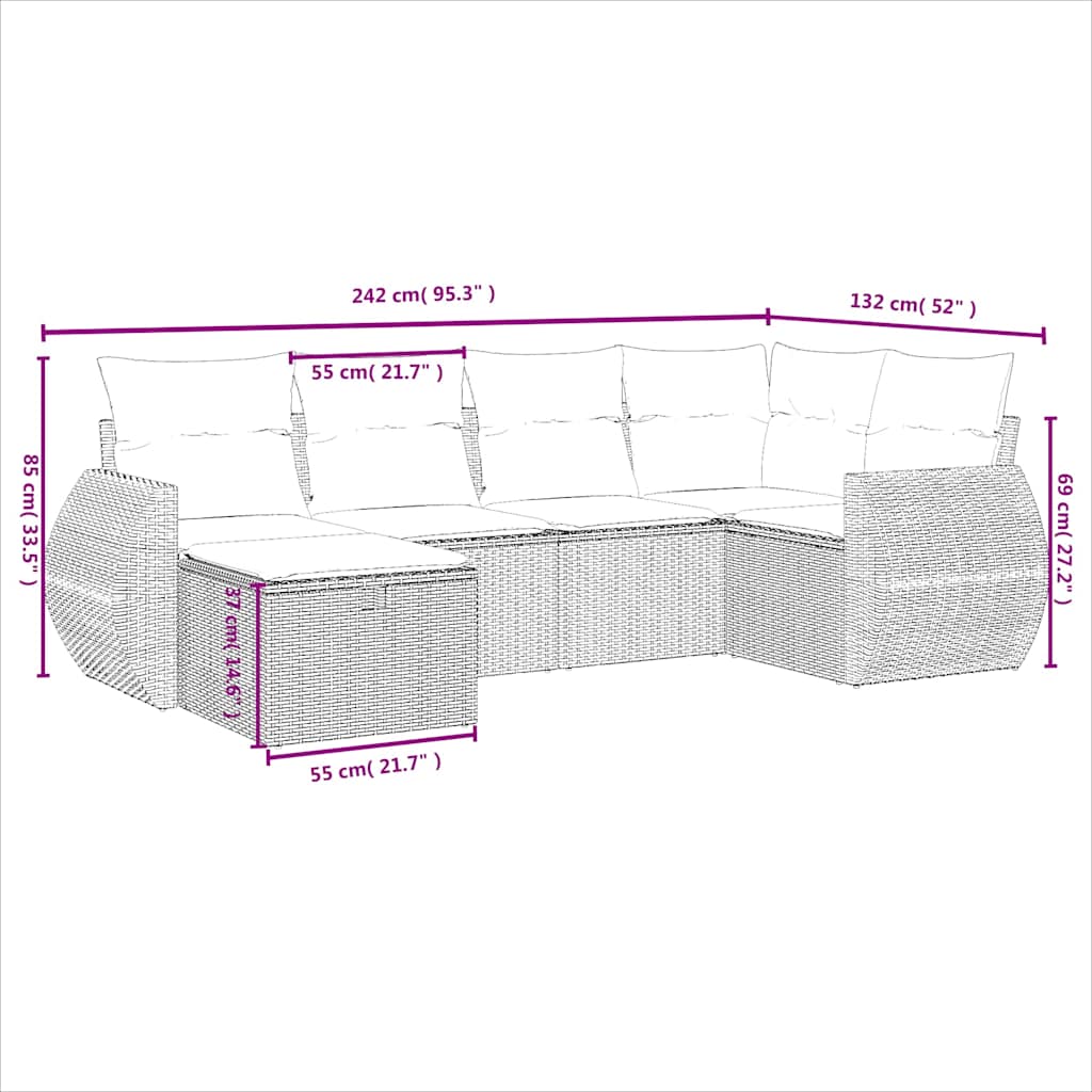 6 Pcs conjunto sofás de jardim c/ almofadões vime PE preto