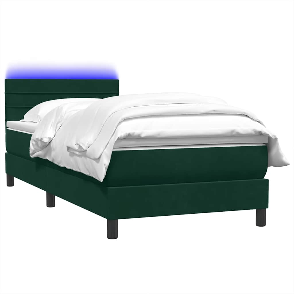 Cama box spring c/ colchão e LED verde-escuro 80x220 cm veludo