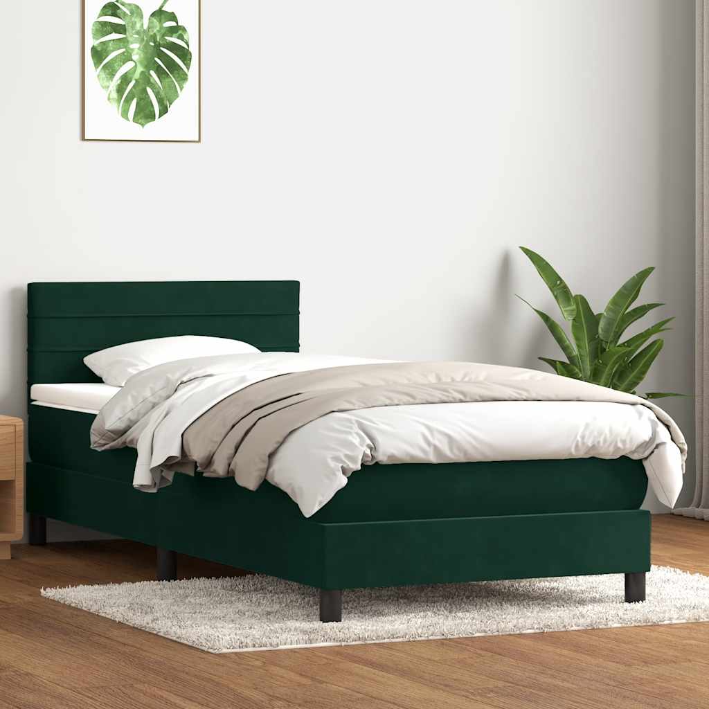 Cama box spring c/ colchão e LED verde-escuro 80x220 cm veludo